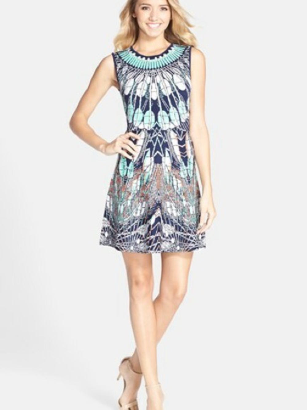 BCBGMaxAzria Navy and Aqua Printed Sleeveless Fit-and-Flare Dress